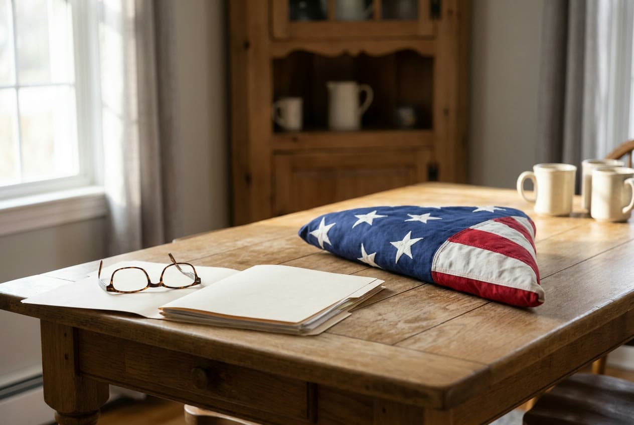 A folded American flag on a family kitchen table